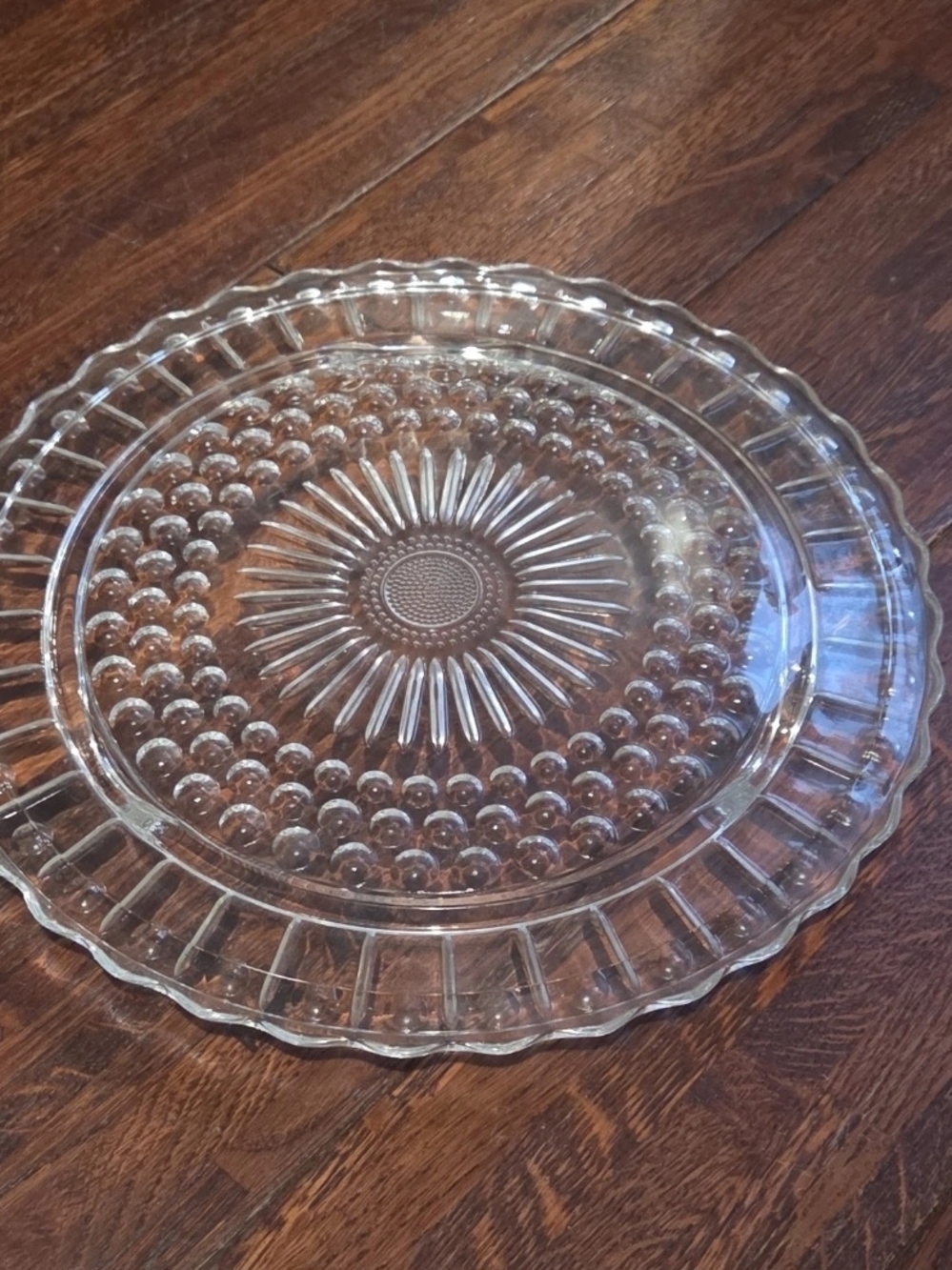 VTG Federal Glass Company Footed Cake Sandwich Plate Dot Panels Sunburst